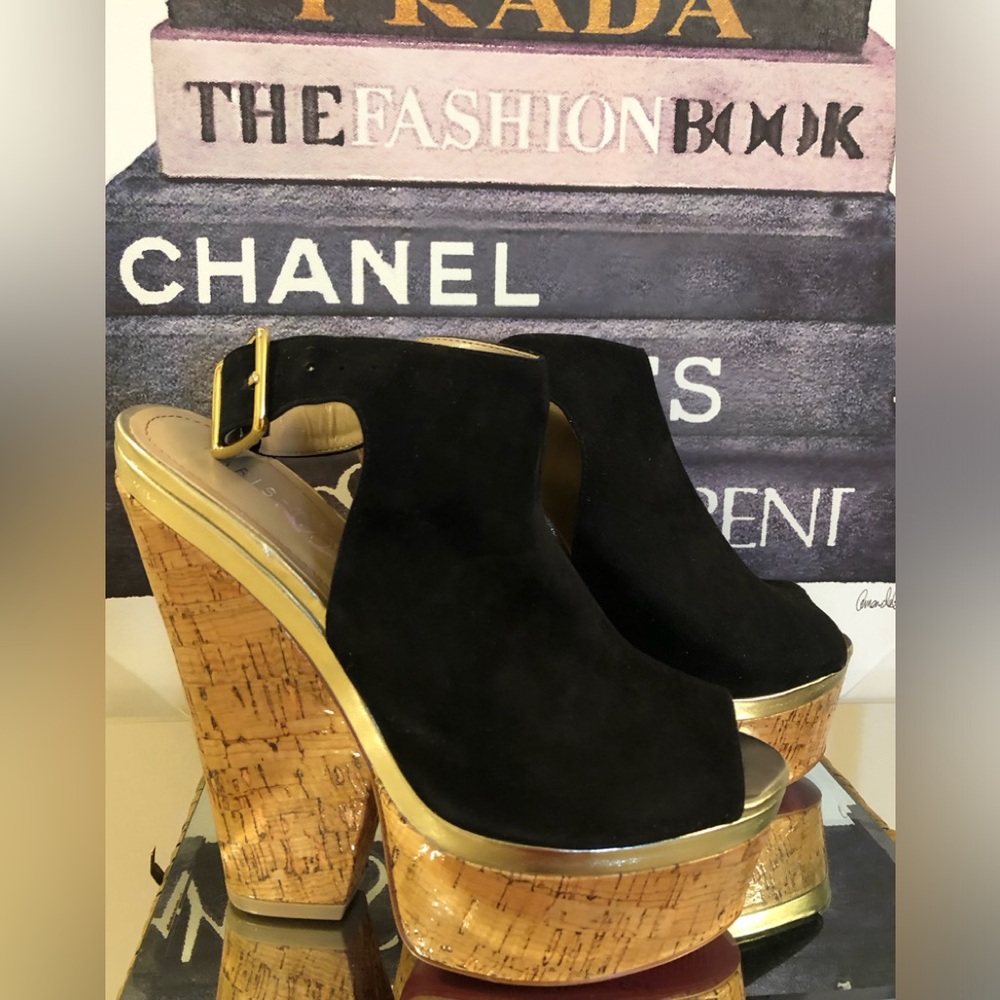 Black Genuine Suede Platform Wedge Sandals with Gold Trim SEXY & New!